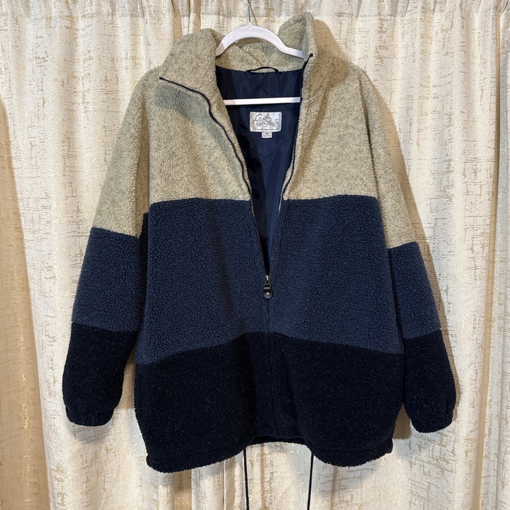 Coat Collectibles Fleece Jacket Men's Medium Blue Tan Colorblock Zip Oversized